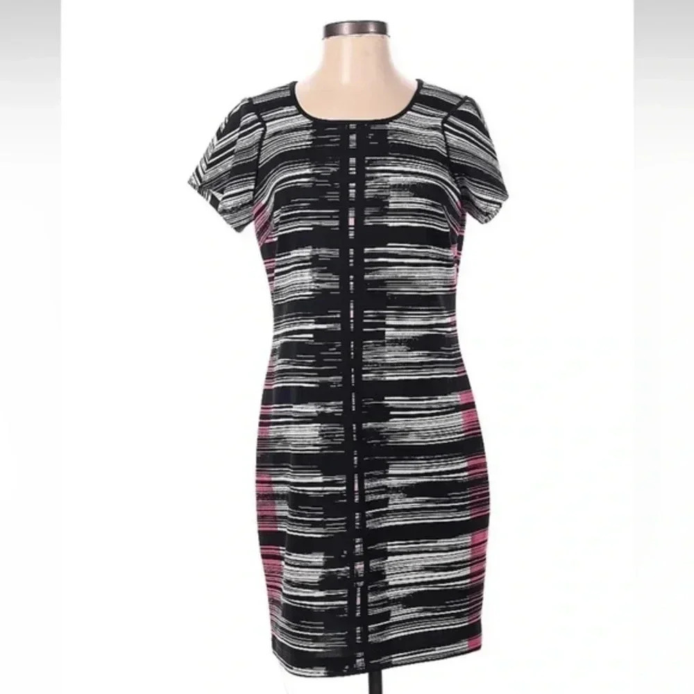 Andrew Marc New York Black White & Pink Stripe Stretchy Dress Size 4 Small